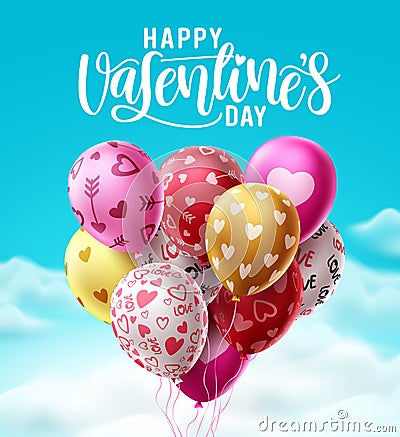 Happy valentines day heart balloons vector design. Heart shape colorful bunch of balloons for valentines day Vector Illustration