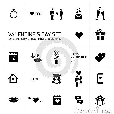 Happy valentines day icons and pictograms set black and white Stock Photo