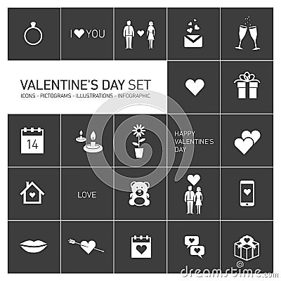 Happy valentines day icons and pictograms set black and white Stock Photo