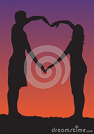 Happy Valentines Day illustration. Romantic silhouette of loving couple at night under the stars. Vector illustration Vector Illustration
