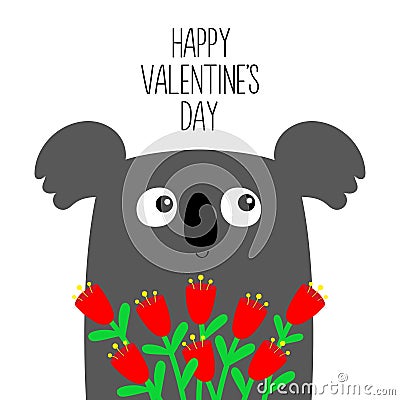 Happy Valentines Day. Koala holding red tulip flower bouquet. Cute kawaii cartoon character. Funny face head. Baby greeting card Vector Illustration