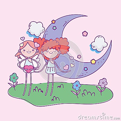 Happy valentines day, little cupids girl moon flowers hearts love Vector Illustration