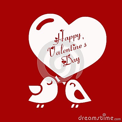 Happy Valentines Day love beautiful card with cute love couple birds on red background Stock Photo