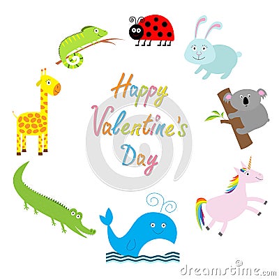 Happy Valentines Day. Love card. Cute animal frame. Baby background. Vector Illustration