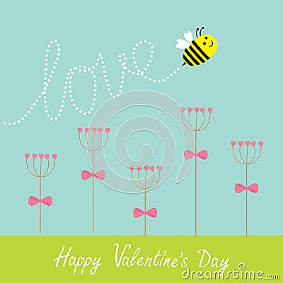 Happy Valentines Day. Love card. Heart stick flower set and flying bee. Green grass. Dash line word Love. Flat design. Vector Illustration