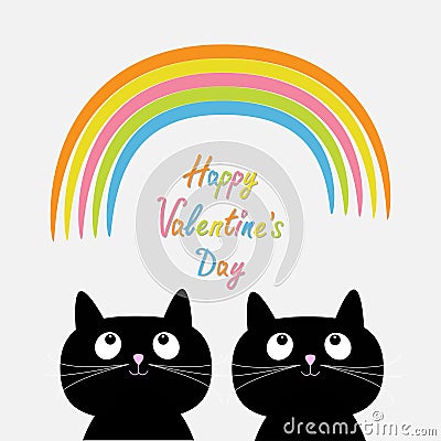 Happy Valentines Day. Love card. Rainbow and pink heart rain with two cute cartoon cats. Flat design style. Vector Illustration