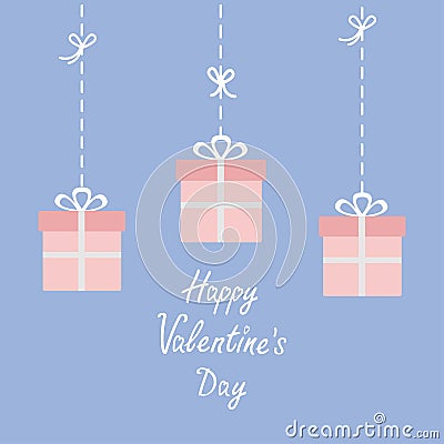 Happy Valentines Day. Love card. Three hanging giftboxes. Dash line with bow. Flat design. Rose quartz serenity color background. Vector Illustration