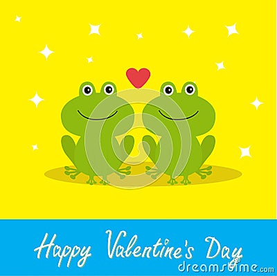 Happy Valentines Day. Love card. Two cute frogs. Red heart. Baby background Flat design Sparkles Vector Illustration