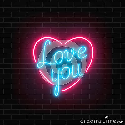 Happy Valentines Day neon glowing festive sign on a dark brick wall background. Love you yexy in heart shape. Vector Illustration