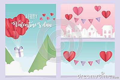 Happy valentines day origami gift hearts balloons mountains Vector Illustration