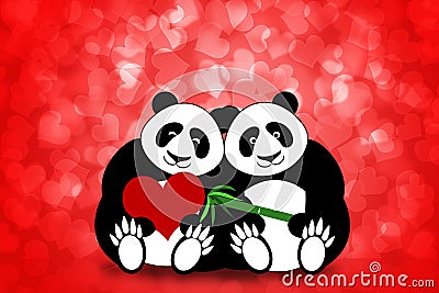 Happy Valentines Day Panda Couple Hearts Bokeh Stock Photo