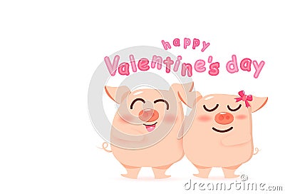 Happy Valentines day, pig loving couple, happiness cute cartoon character vector illustration Vector Illustration