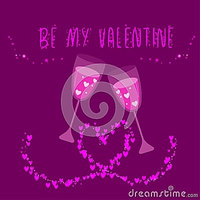 Happy Valentines Day postcard with two glasses with pink drind and shiny hearts. Vector Illustration