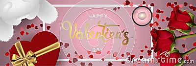 Happy valentines day realistic horizontal banner flat lay top view Vector Illustration