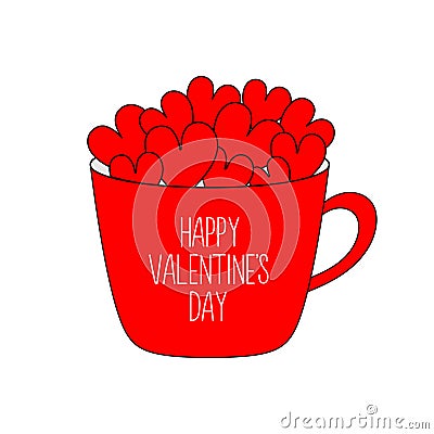 Happy Valentines Day. Red mug cup full of heart set. Love teacup with hearts. Coffee, tea, hot chocolate, cocoa drink. Greeting Vector Illustration