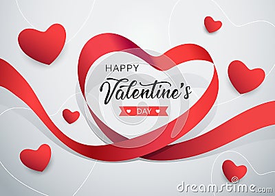 Happy Valentines day red ribbon heart shape banner Vector Illustration