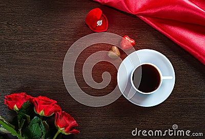 Happy Valentines Day romantic background with wedding ring, rose flowers, cup of coffee Stock Photo