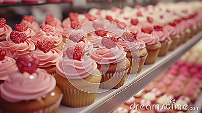 Happy Valentines Day! Selection of valentine day cupcakes at the local bakery window Stock Photo