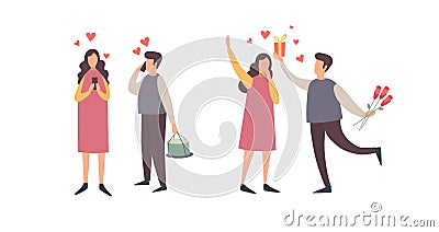 Happy Valentines Day. A set of romantic characters in various poses. Vector Illustration