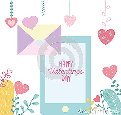Happy valentines day, smartphone envelope message hearts love foliage Vector Illustration