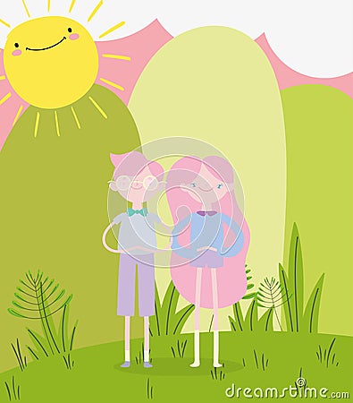Happy valentines day, smiling young couple standing grass sunny day cartoon Vector Illustration