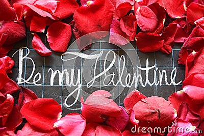 Happy Valentines day! text on blackboard on background of rose petals Stock Photo