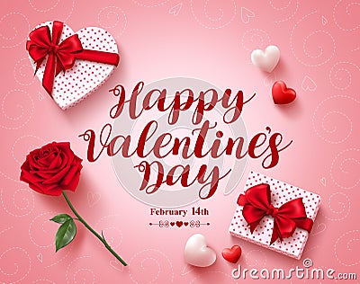 Happy valentines day text greeting card vector design with love gifts Vector Illustration