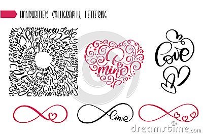 Happy Valentines Day text love for greeting card. Infinite sign romantic hearts with calligraphic phrases isolated on Vector Illustration