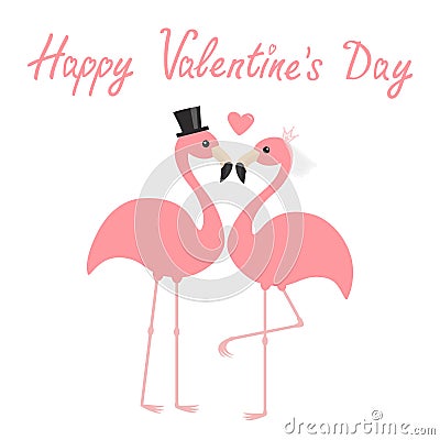 Happy Valentines Day. Two pink flamingo set. Wedding couple. Bride and groom. Black hat, veil, heart. Exotic tropical bird. Cute Vector Illustration