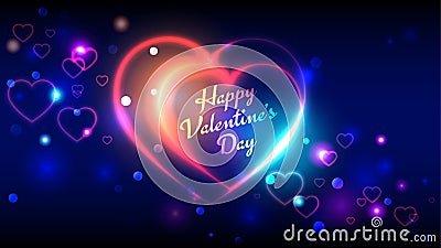 Happy valentines day vector greeting cards, bright multi-colored neon heart shape blue bokeh background Vector Illustration