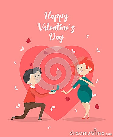 Happy Valentines Day vector illustration. Greeting card with young african american couple in love. Valentine`s background in flat Vector Illustration