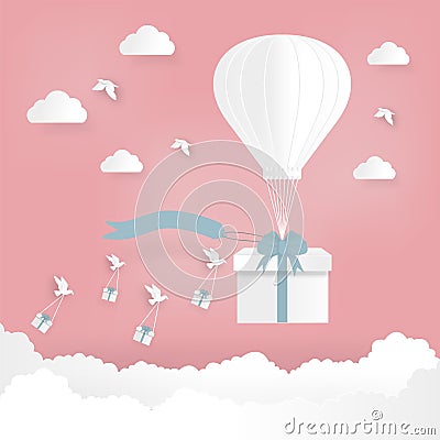 Happy valentines day and weeding design elements. Vector illustration. Balloon hang the gift box on abstract background. Cartoon Illustration