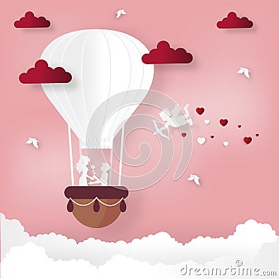 Happy valentines day and weeding design elements. Vector illustration. Balloon hang the gift box on abstract background. Cartoon Illustration