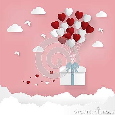 Happy valentines day and weeding design elements. Vector illustration. Balloon hang the gift box on abstract background. Cartoon Illustration