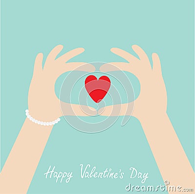 Happy Valentines day. Woman hands in the form of heart. Female holding red heart shape sign. Flat design style. Blue background. Vector Illustration