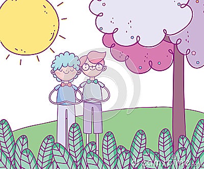 Happy valentines day, young men in the grass tree sunny day cartoon Vector Illustration