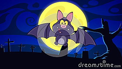 Happy Vampire Bat Cartoon Character Flying In Graveyard On Halloween Editorial Stock Photo