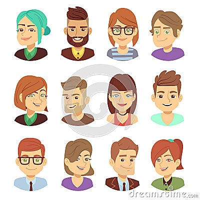 Happy vector characters. Young man and woman smiling faces avatar collection Vector Illustration