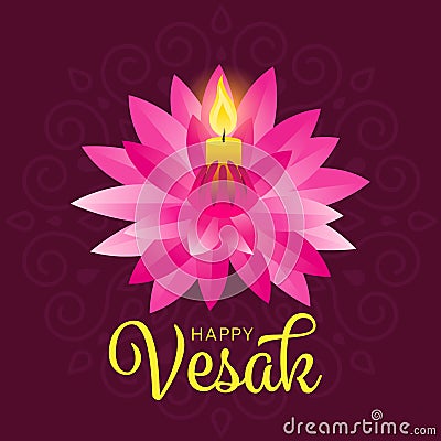 Happy vesak day banner with yellow candle light on pink lotus vector design Vector Illustration