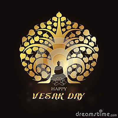 Happy Vesak day - Gold Buddha under Bodhi Tree and lotus art vector design Vector Illustration