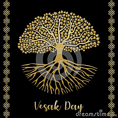 Happy Vesak Day greeting card of gold bodhi tree Vector Illustration