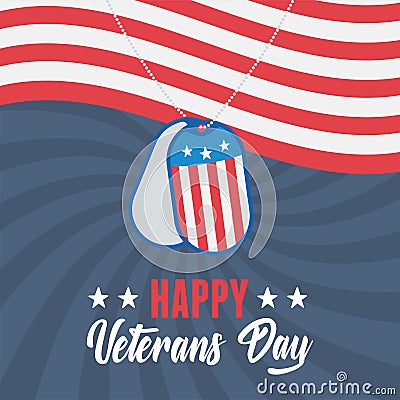 Happy veterans day, army token on waving american flag, US military armed forces soldier Vector Illustration