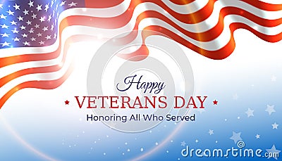 Happy veterans day banner. Waving american flag on blue sky background with stars. US national day november 11. Poster, typography Vector Illustration