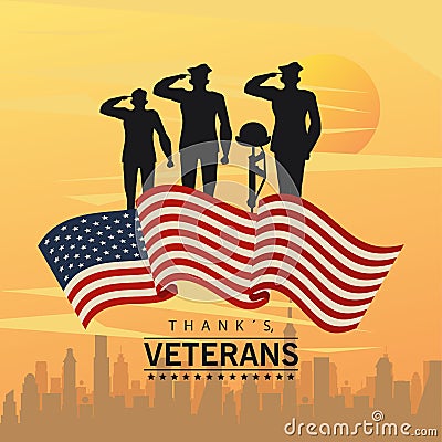 Happy veterans day lettering in poster with officers military and cityscape Vector Illustration