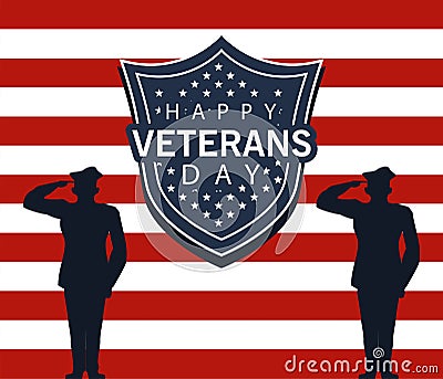 Happy veterans day lettering in poster with officers military and shield Vector Illustration