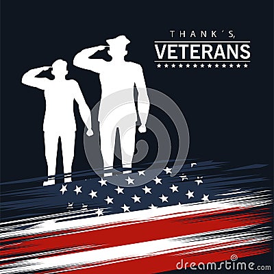 Happy veterans day lettering in poster with officers military Vector Illustration