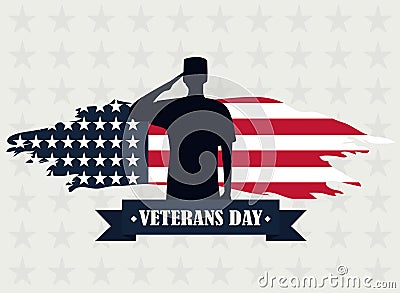 Happy veterans day, silhouette soldier saluting on starry background Vector Illustration