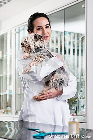 Happy veterinarian carrying sick puppy Stock Photo