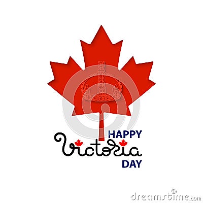 Happy Victoria Day card with crown, maple leaves. Cartoon Illustration