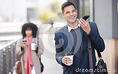 Happy, virtual assistant or business people with phone call for contact us, communication or networking in London street Stock Photo